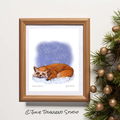 ART PRINT - SWEET FOX DREAMS - A Whimsical Drawing of a Sleeping Fox - Art for the Winter Season - Brighten Any Room for the Holidays - image4